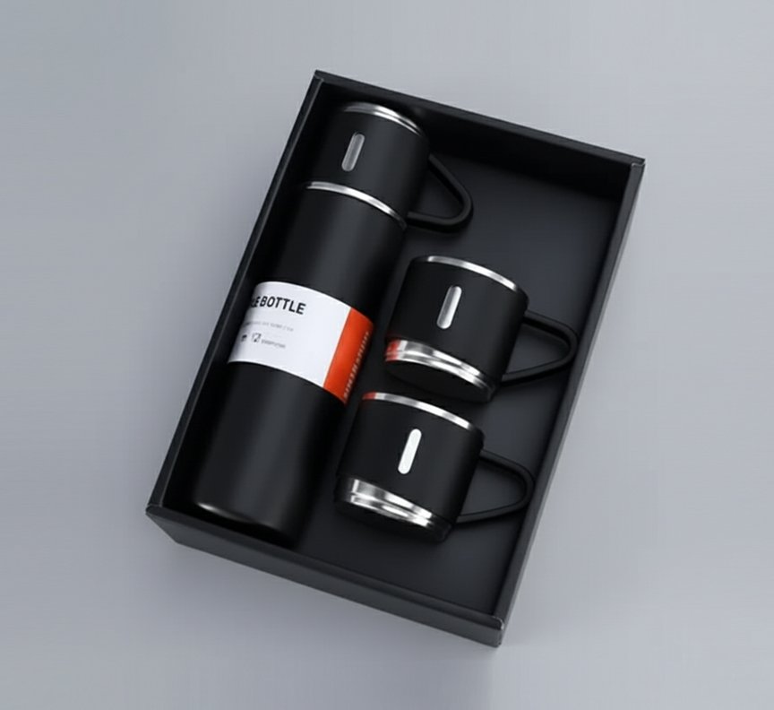 Premium Vacuum Flask with 2 Cups – Black